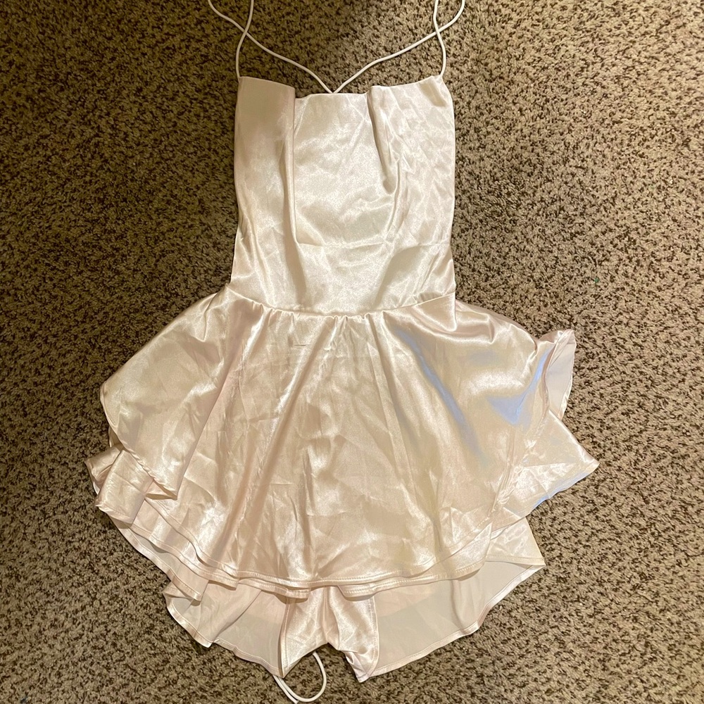 Champagne Satin Tie Back/Open Back Mini Layered Dress